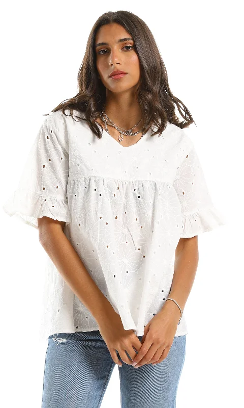 97987 Ruffle Short Sleeves Summer White Blouse Pastel Color Blouse
