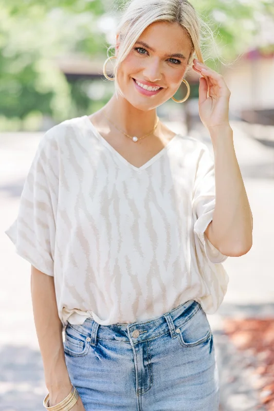Just Say So Taupe Brown Tiger Stripe Blouse Short Sleeve Blouse