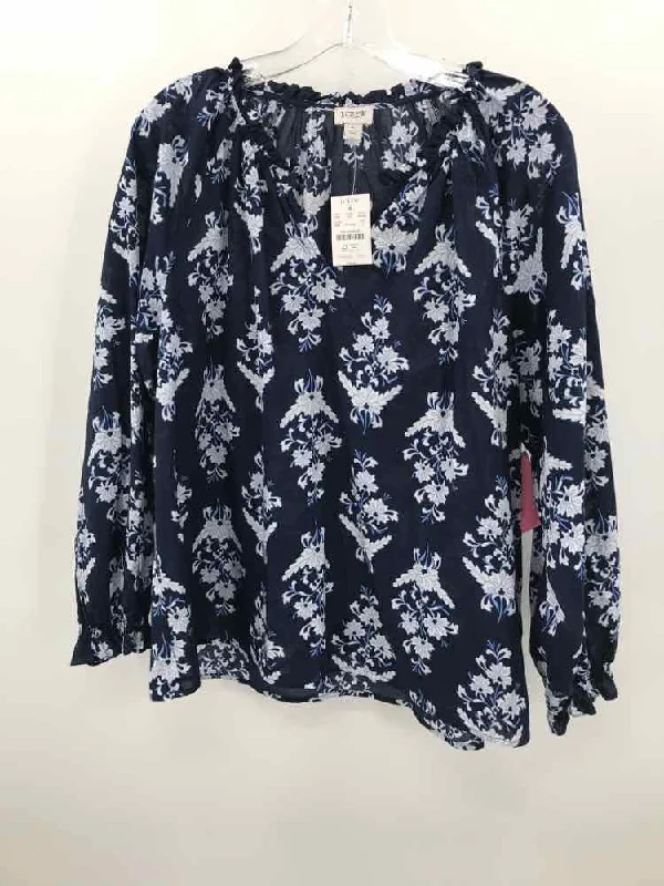 Pre-Owned J Crew Navy Size Large Long Sleeve Blouse Textured Cotton Blouse