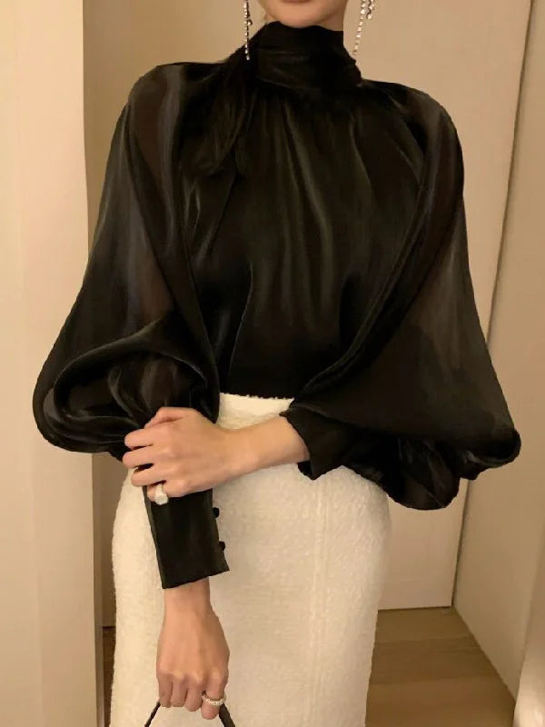 Urban Black & White Puff Sleeves High-Neck Blouse L 100370 Wrap Front Blouse