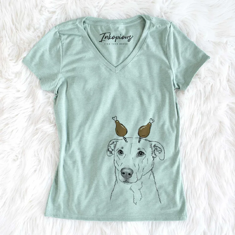 Thanksgiving Nala the American Staffordshire Terrier - Women's V-neck Shirt-- Front Pockets Side Pockets Patch Pockets