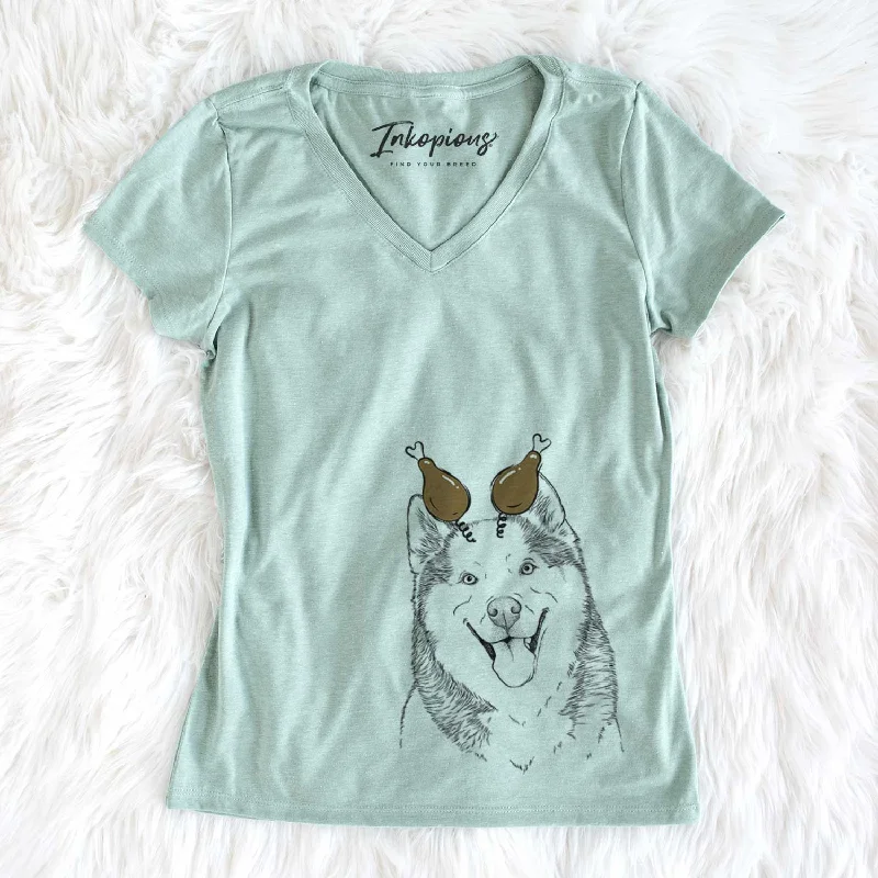 Thanksgiving Teak the Siberian Husky - Women's V-neck Shirt-- Embroidered Appliqued Beaded