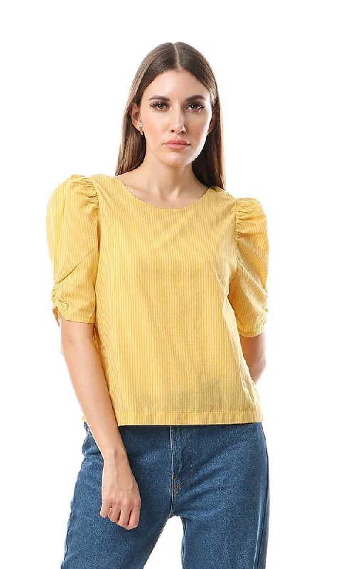 56571 Puffed Short Sleeves Striped Mustard Blouse Boho Printed Blouse
