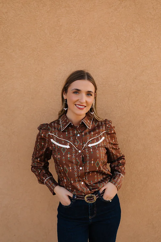 HOWDY HANNY AZTEC PUFF SLEEVE PEARL SNAP BLOUSE Bell Sleeve Blouse