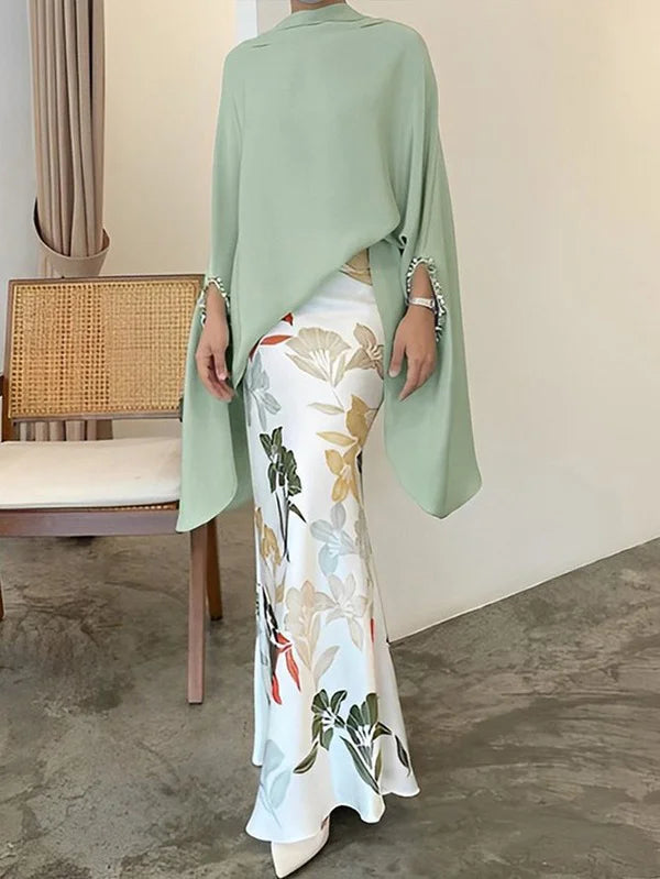 2pcs Batwing Sleeves Irregular Clipping Solid Color Stand Collar Blouses&Floral Printed Skirts 121695 Classic Striped Blouse