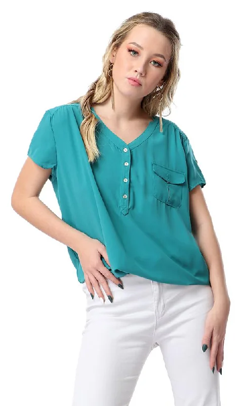 54413 V-Neck Short Sleeves Blouse With Elastic Trim - Sea Green Sleeveless Summer Blouse
