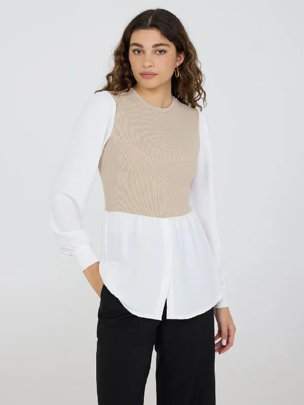 2-Fer Ribbed Top With Button-Front Blouse Loose Oversized Blouse