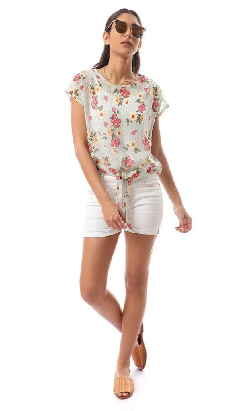 57082 Multicolour Floral Chiffon Blouse With Front Tie Vintage Lace Blouse