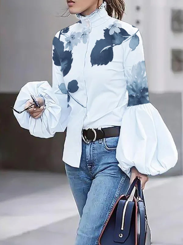 Long Sleeves Loose Buttoned Leaves Print High-Neck Blouses&Shirts Tops L 127607 Lightweight Linen Blouse