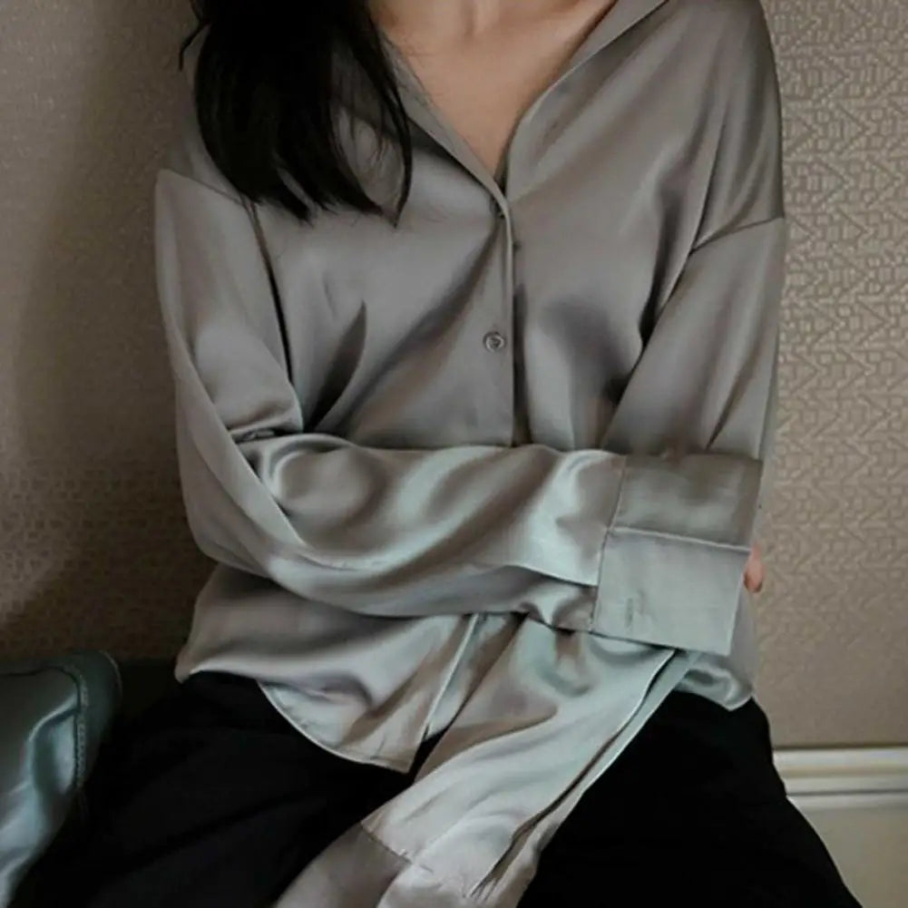Women Shirt Formal Business Blouse Shirt Vintage Satin Silky Loose Long Sleeve Lapel Pleated Collar Blouse