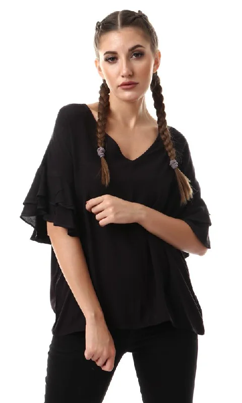 53394 Ruffle Short Sleeves V-Neck Black Blouse Sleeveless Summer Blouse