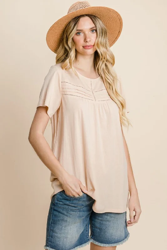 Hazel Blues® |  Cotton Bleu by Nu Label Eyelet Round Neck Short Sleeve T-Shirt-- Striped Floral Plaid