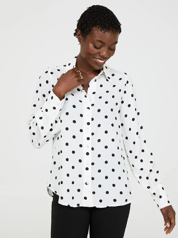 Dot Print Chiffon Button-Front Blouse Feminine Puff Blouse