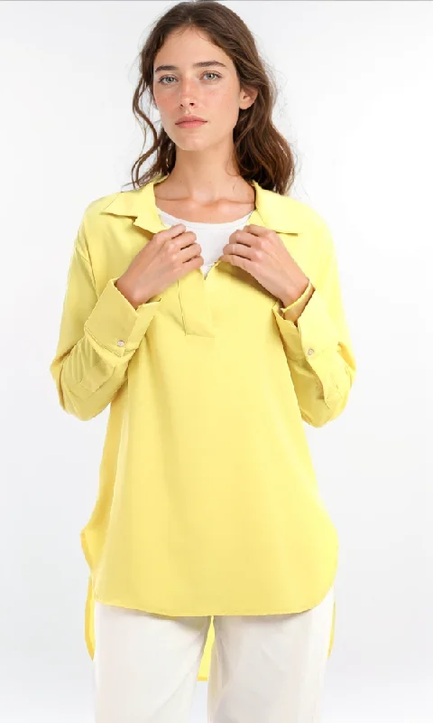 94818 Rayon Classic Collar Plain Blouse - Lime Yellow Feminine Tie Blouse