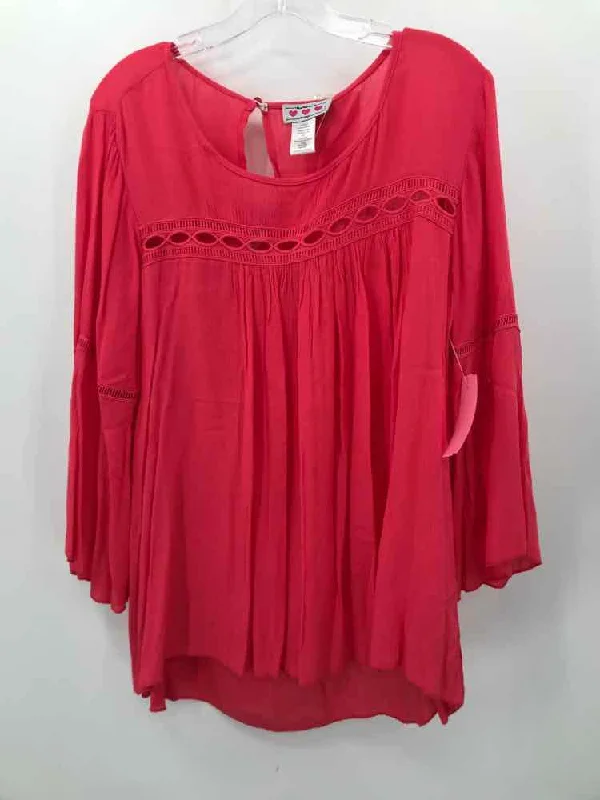 Pre-Owned Three Pink Hearts Pink Size Medium Blouse Collared Satin Blouse