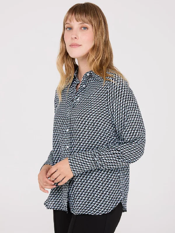 Geo Print Crepe Chiffon Button-Front Blouse Balloon Sleeve Blouse