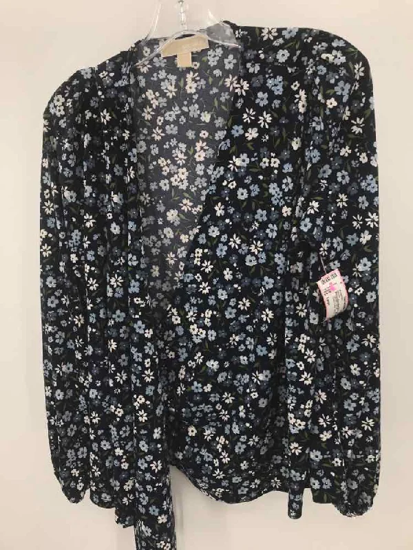 Pre-Owned Michael Kors Navy Size Large Floral Blouse Elegant Semi-Sheer Blouse