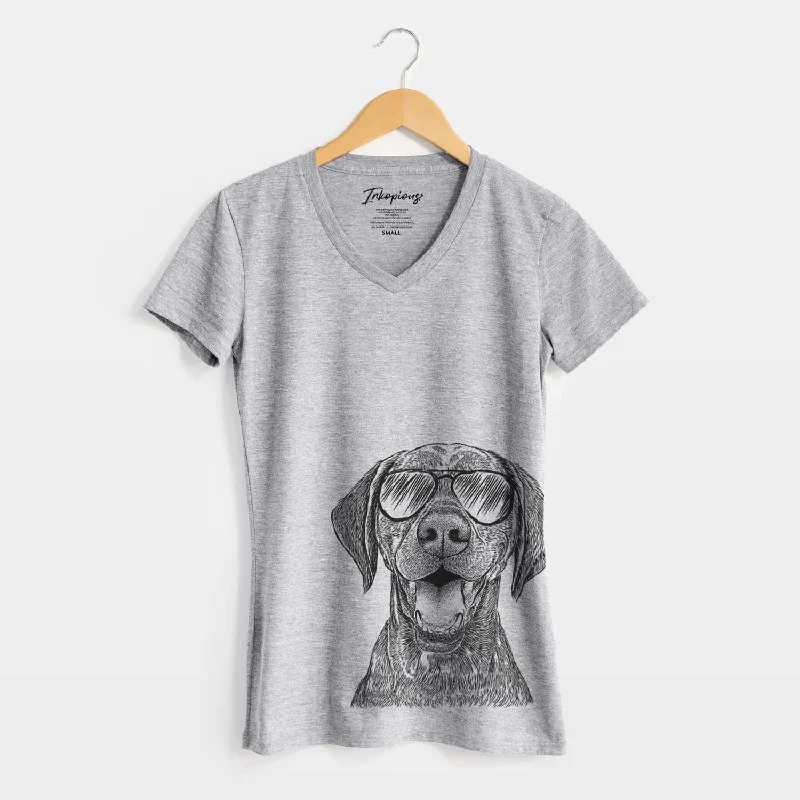 Aviator Hudson the German Shorthaired Pointer - Women's V-neck Shirt-- Fleece Fabric Down Fabric Feather Fabric