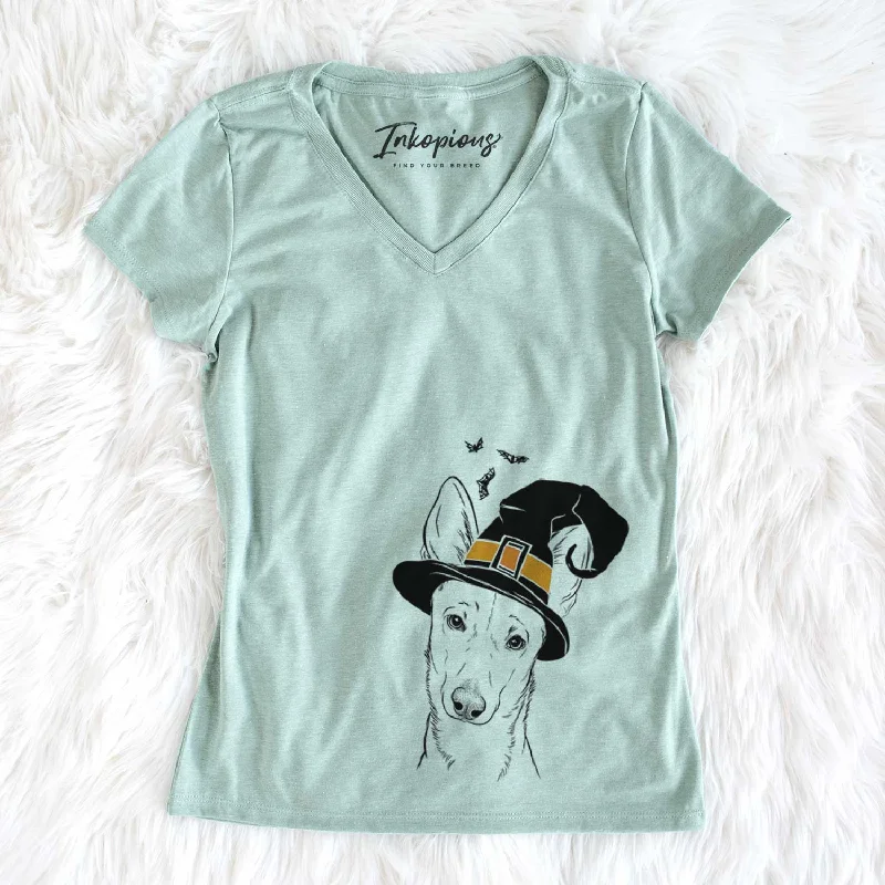 Witch Nala the Carolina Dog - Women's V-neck Shirt-- Solid Print Embellished