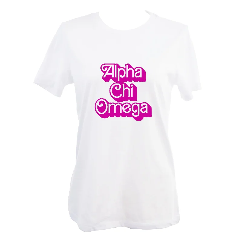 Alpha Chi Omega T-Shirt- Retro Dolly Sorority Name Design, Relaxed Fit-- Solid Color Striped Floral