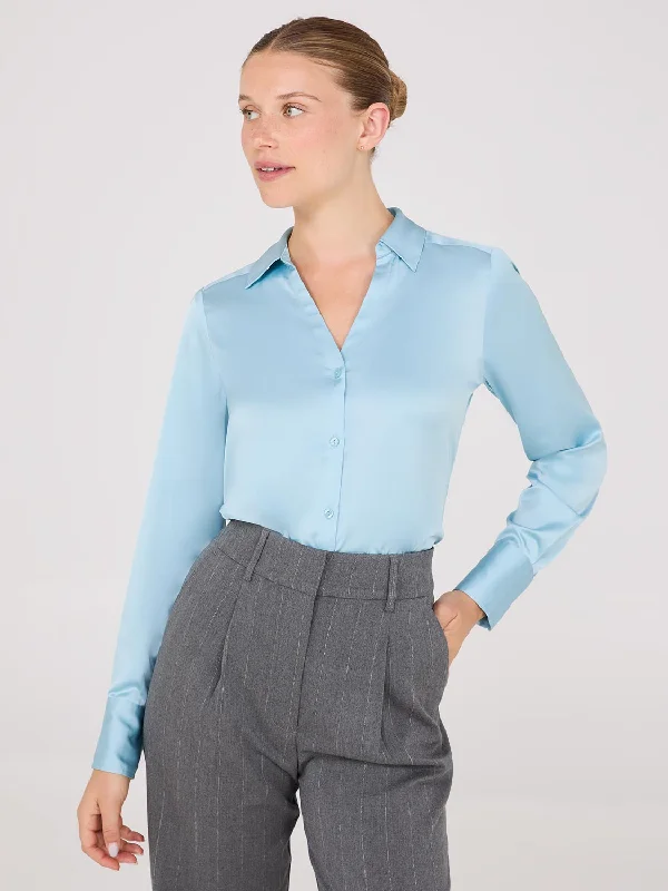 Notch Collar Button-Front Satin Blouse Asymmetric Hem Blouse