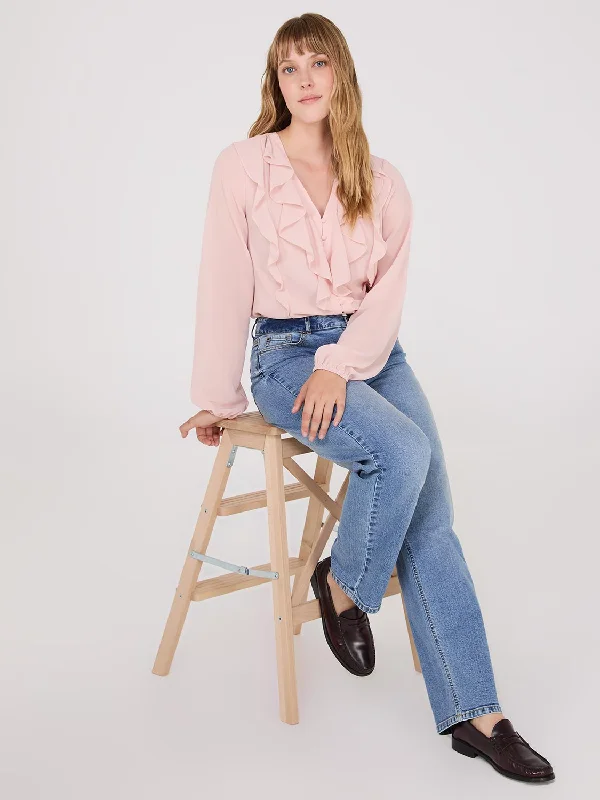 Chiffon Ruffle Button-Front Blouse Slim Fit Blouse
