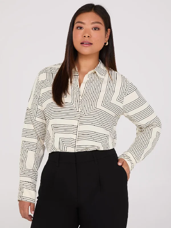 Geo Print Rounded Hem Blouse Feminine Tie Blouse