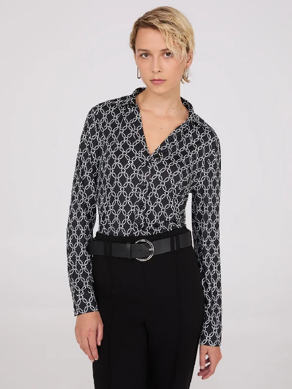 Chain Print Split Neck Button-Down Blouse Satin Bow Blouse