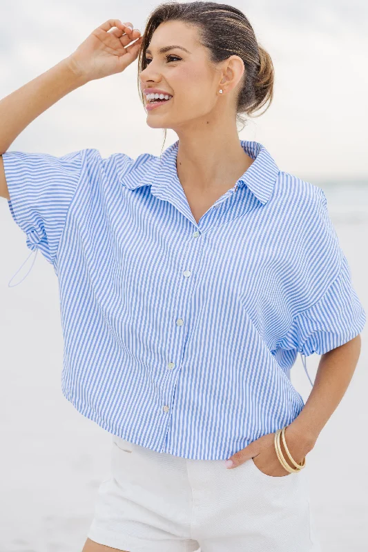 Time For You Light Blue Striped Blouse Vintage Polka Blouse