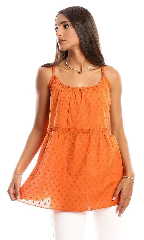 95404 Spaghetti Sleeves Dark Orange Patterned Blouse Casual Relaxed Blouse