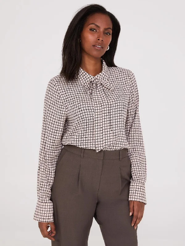 Plaid Button-Front Chiffon Blouse With Removable Tie Satin Drape Blouse