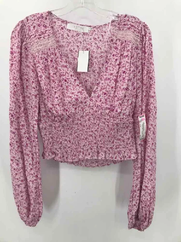 Pre-Owned ASTR Pink Size Large Cropped Long Sleeve Blouse Office-Ready Blouse
