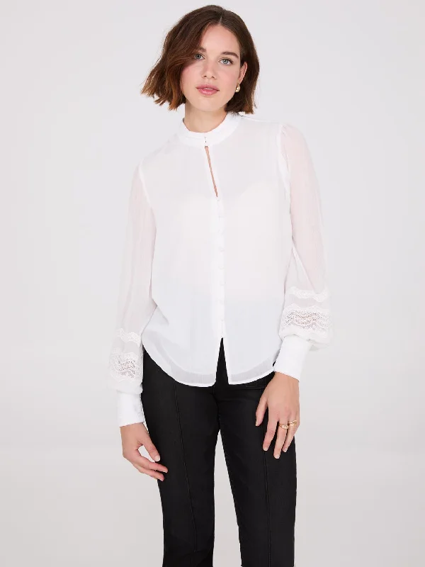 Lace Sleeve Blouse With Mandarin Collar Pleated Collar Blouse