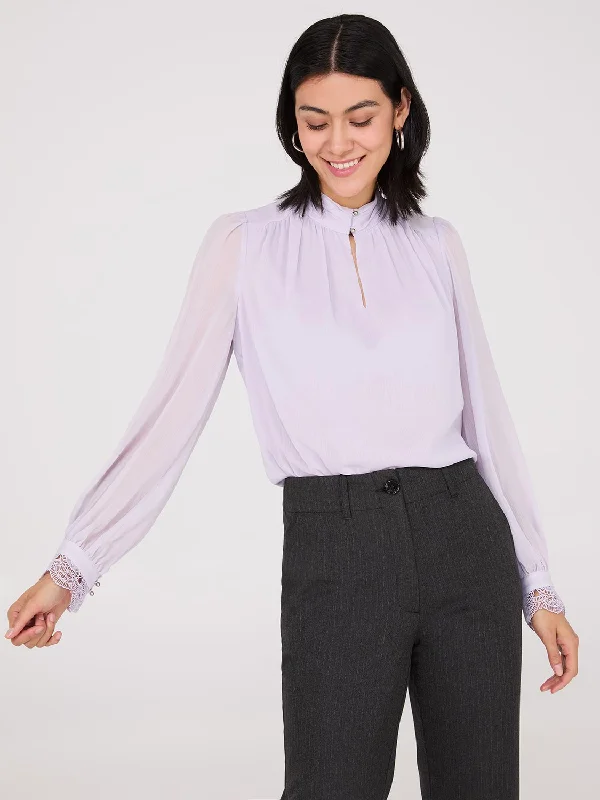 Button-Up Mock Neck Chiffon Blouse Oversized Silk Blouse