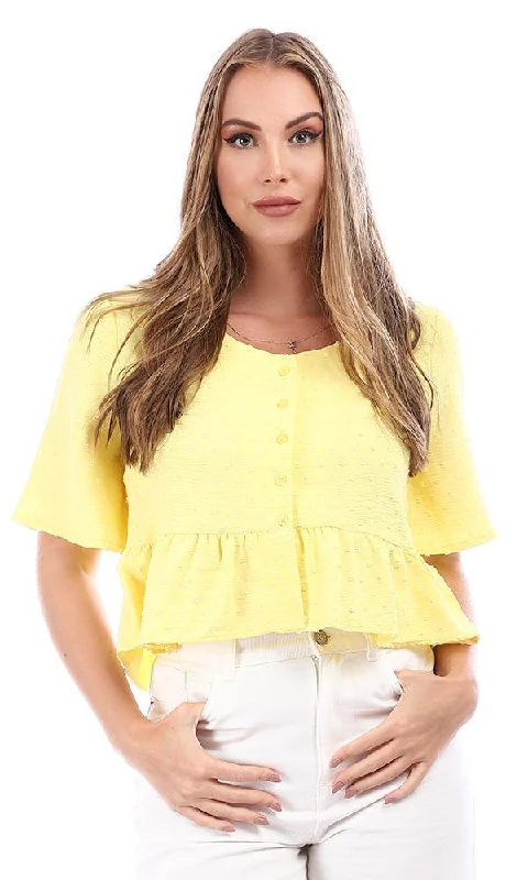 94829 Buttoned Self Pattern Blouse With Ruffle Trim - Yellow Casual Relaxed Fit Blouse