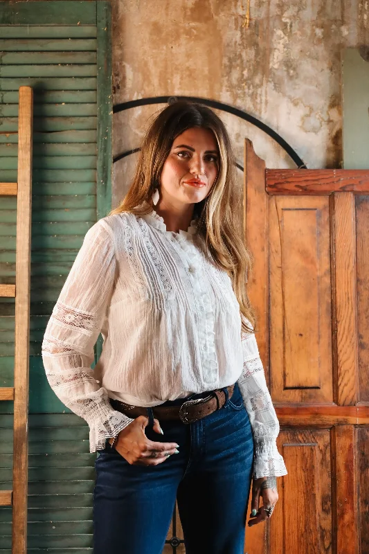 SCULLY LONG SLEEVE CROCHET TRIM POET BLOUSE Satin Long Blouse