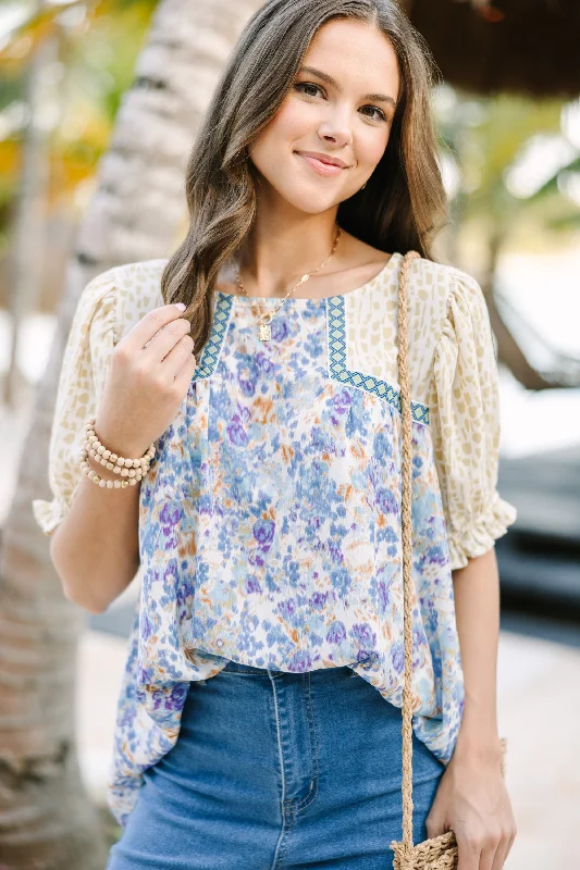 All About You Blue Floral Blouse Pleated Collar Blouse