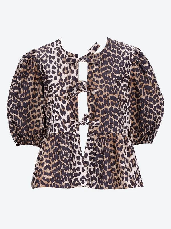 Ganni leopard Printed cotton poplin peplum blouse Delicate Pleat Blouse