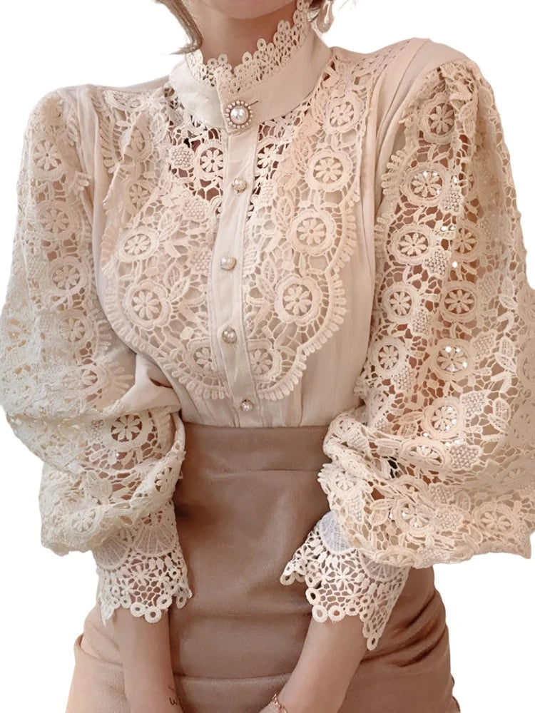 Women Chiffon Button Turtleneck Shirt Chic Elegant Floral Lace Fluffy Long Sleeve Top Fashion Hollow Oversize White Blouse Cotton Casual Blouse