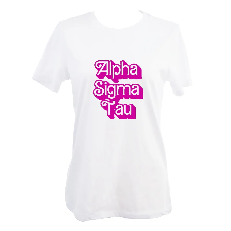 Alpha Sigma Tau T-Shirt- Retro Dolly Sorority Name Design, Relaxed Fit-- Handmade Hand-knitted Hand-woven