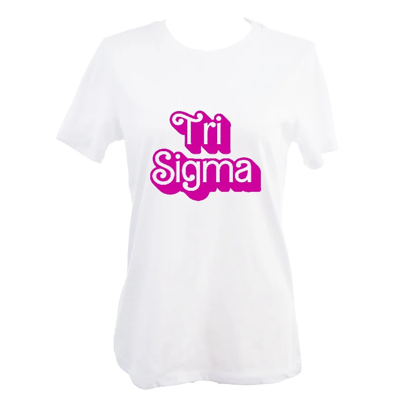 Tri Sigma T-Shirt- Retro Dolly Sorority Name Design, Relaxed Fit-- Cashmere Blend Cotton Blend Poly Blend