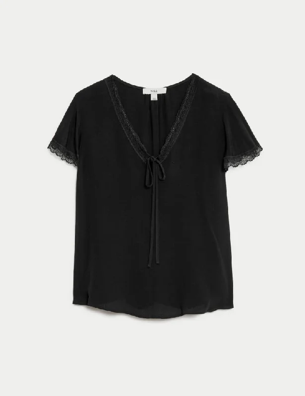 Lace Detail V-Neck Blouse Drape Neck Blouse