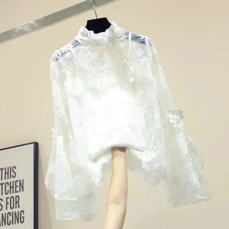 Spring Summer Thin Lace Blouse Long Sleeve Women's Shirt XL 58006 Elegant Embroidery Blouse