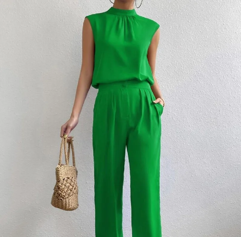 Solid Mock Neck Keyhole Back Sleeveless Blouse & Slant Pocket Pants XL 34248 Ruched Sleeve Blouse