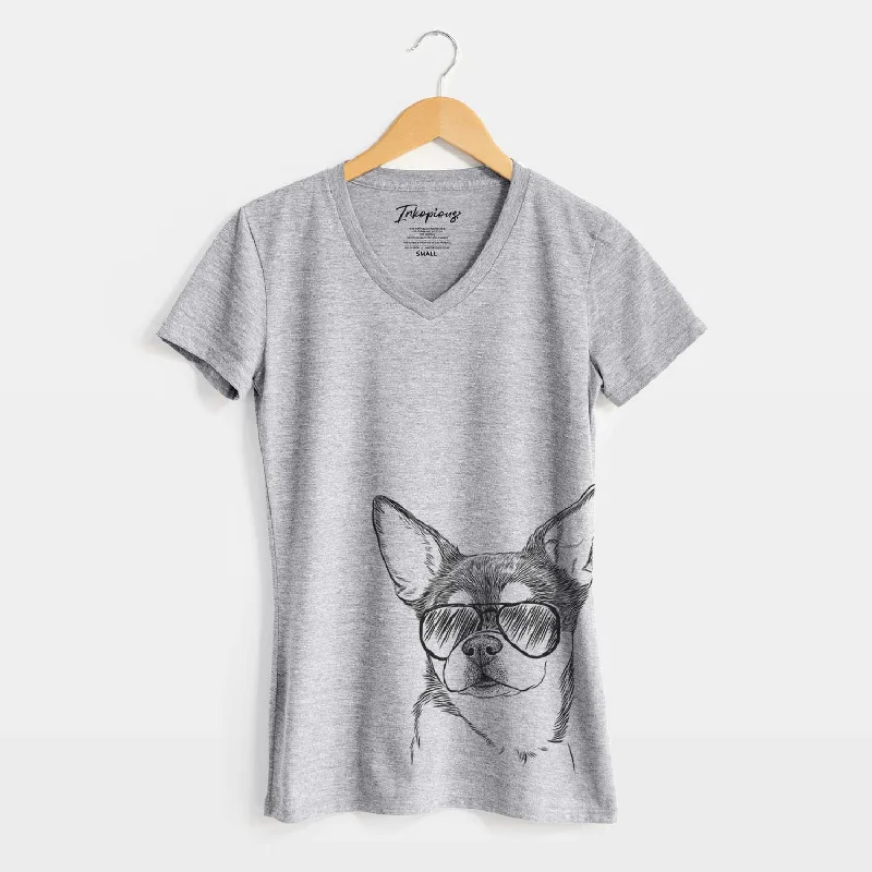 Aviator Paris the Chihuahua - Women's V-neck Shirt-- Spandex Blend Rayon Blend Denim Blend