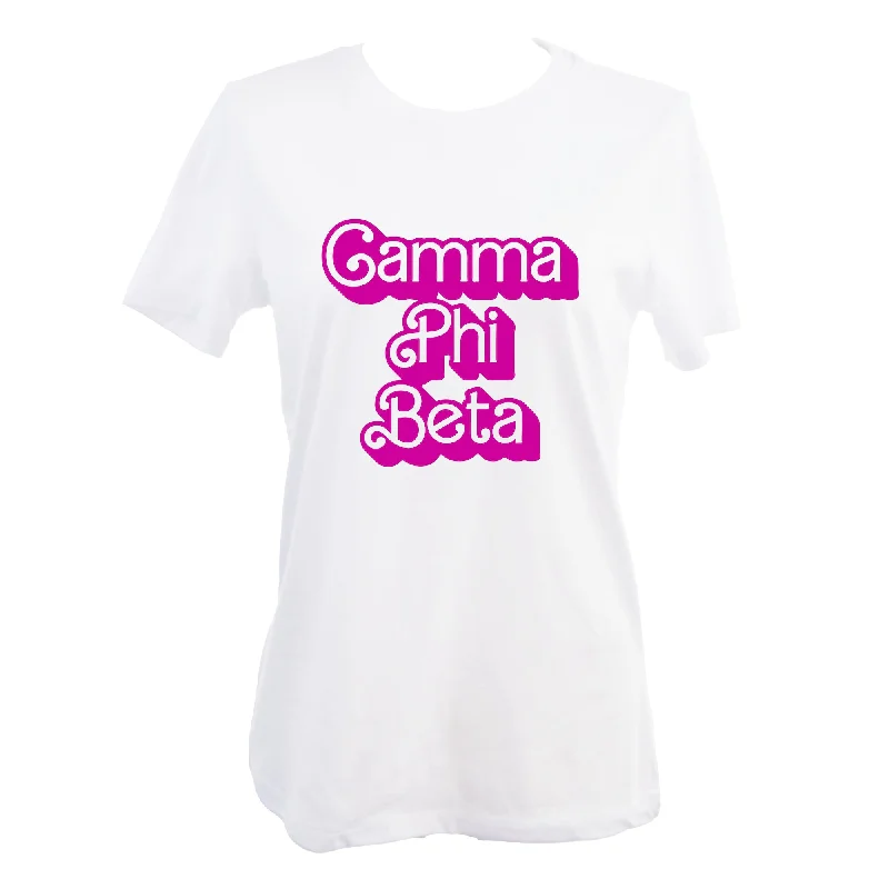 Gamma Phi Beta T-Shirt- Retro Dolly Sorority Name Design, Relaxed Fit-- Striped Floral Plaid
