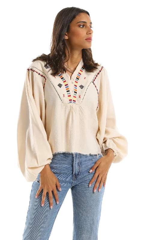 96777 Chest Stitched Beige Blouse With Wide Sleeves Cotton Casual Blouse