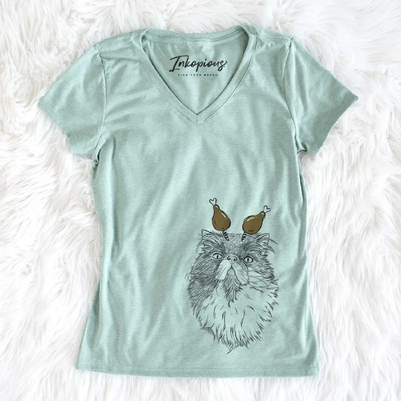 Thanksgiving Tookie the Perisan Cat - Women's V-neck Shirt-- Hooded Caped Shawl Collar