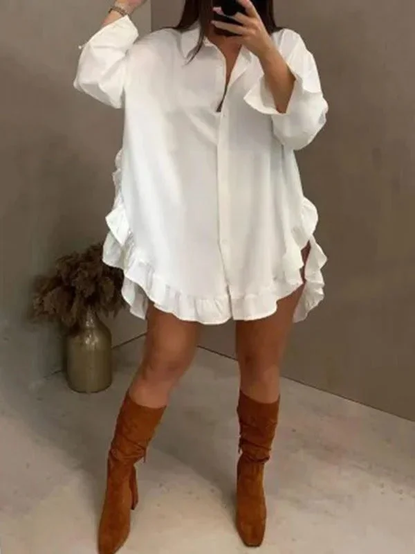 Long Sleeves Loose Falbala Solid Color Split-Joint Split-Side Lapel Blouses  120576 Office Formal Blouse