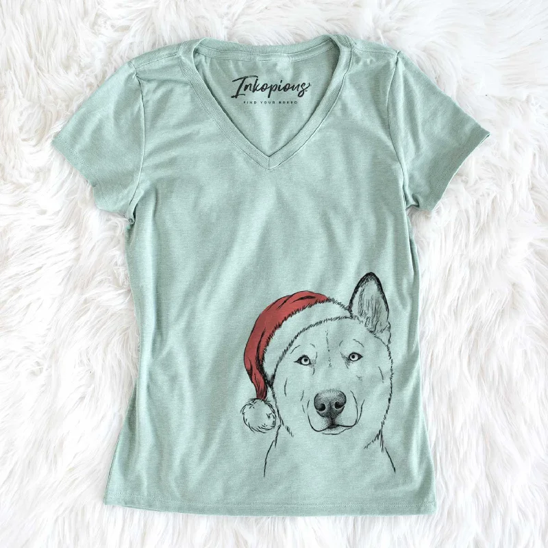 Santa London the Siberian Husky - Women's V-neck Shirt-- Terry Blend Velvet Blend Canvas Blend